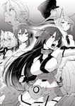  5girls admiral_(kantai_collection) armpits bare_shoulders breasts elbow_gloves female_admiral_(kantai_collection) gloves greyscale hairband headgear ikeshita_moyuko kantai_collection large_breasts long_hair midriff miniskirt monochrome multiple_girls musashi_(kantai_collection) mutsu_(kantai_collection) nagato_(kantai_collection) navel short_hair skirt yahagi_(kantai_collection) 