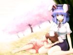  alternate_hairstyle animal_ears bare_legs barefoot bow breasts brown_hair bunny_ears carrot cherry_blossoms closed_eyes dress hair_bow highres inaba_tewi lap_pillow large_breasts long_hair lying multiple_girls on_ground on_side pink_dress ponytail puffy_short_sleeves puffy_sleeves purple_hair red_eyes reisen_udongein_inaba shirosato shirt short_hair short_sleeves sitting skirt sleeping touhou tree under_tree wariza 