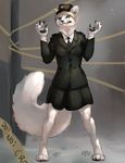  2015 angry anthro arctic_fox blonde_hair blood blue_eyes canine claws crime_scene fangs female fox fur hair mammal pawpads paws police_hat police_line police_officer police_uniform rhyu skirt snow solo white_fur 
