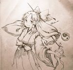  bow gohei hair_bow hair_tubes hakurei_reimu hakurei_reimu_(pc-98) japanese_clothes long_hair low-tied_long_hair miko monochrome ribbon sketch smile solo touhou touhou_(pc-98) traditional_media wadante yin_yang 