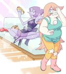  amethyst_(steven_universe) blush book closed_eyes couch eating frustrated hair_over_one_eye hot_dog koei18 long_hair multiple_girls orange_hair pearl_(steven_universe) personality_switch plump purple_hair purple_skin steven_universe strap_slip 