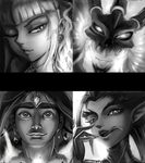  2girls :p annie_hastur chan_qi_(fireworkhouse) earrings jewelry league_of_legends licking_lips long_tongue looking_at_viewer monochrome multiple_boys multiple_girls one_eye_closed open_mouth pointy_ears sharp_teeth skull_earrings smile taric teeth thresh tongue tongue_out zyra 