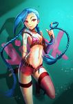  :p bikini_top blue_hair braid breasts chan_qi_(fireworkhouse) highres jinx_(league_of_legends) league_of_legends long_hair midriff mismatched_legwear nail_polish navel playing_with_own_hair red_eyes short_shorts shorts small_breasts solo tattoo thighhighs tongue tongue_out very_long_hair 