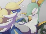  big_breasts blush breast_squish breasts claws duo female female/female feral hand_on_breast horn mammal ms mustelid nintendo nude open_mouth plain_background pok&eacute;mon reptile samurott scalie serperior snake squish sweat unknown_artist video_games 
