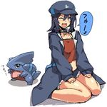  ambiguous_gender black_hair blush collar cute dragon eyelashes female gible hair hat human jacket japanese_text looking_at_viewer mammal nintendo one_eye_closed open_mouth plain_background pok&eacute;mon sitting teeth text video_games wink 草薙芳_(artist) 