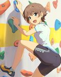  :d ass bike_shorts brown_hair climbing climbing_wall green_eyes joints looking_at_viewer looking_back official_art open_mouth rock_climbing sakurai_chiaki short_hair shorts smile solo sportswear sweat wake_up_girls! wake_up_girls!_stage_no_tenshi 