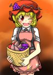  aki_minoriko apron bad_anatomy basket blonde_hair blush food fruit gaoo_(frpjx283) grapes hat highres one_eye_closed potato red_eyes short_hair solo touhou 