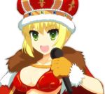  bikini_top blonde_hair bloom breasts cape cleavage crown dh_ead fate/extra fate_(series) gloves green_eyes large_breasts microphone nero_claudius_(fate) nero_claudius_(fate)_(all) rojiura_satsuki:_chapter_heroine_sanctuary solo 
