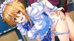  1boy 1girl ass ass_grab bent_over blonde_hair bow bowtie breasts censored erect_nipples game_cg highres hiiragi_chihaya large_breasts legs looking_at_viewer magical_kanan magical_kanan_2:_hiiro_no_bergamot maid maid_headdress natsuki_(magical_kanan_2:_hiiro_no_bergamot) open_mouth orange_eyes panties panty_pull sex short_hair skirt sweat thighs underwear vaginal wrist_cuffs yokota_mamoru 