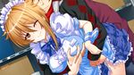  1boy 1girl bent_over blonde_hair bow bowtie breast_grab breasts erect_nipples fingering game_cg grabbing highres hiiragi_chihaya large_breasts legs looking_at_viewer magical_kanan magical_kanan_2:_hiiro_no_bergamot maid maid_headdress natsuki_(magical_kanan_2:_hiiro_no_bergamot) orange_eyes short_hair skirt sweat thighs wince wrist_cuffs yokota_mamoru 