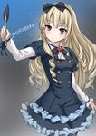  black_bow black_legwear blonde_hair bow copyright_name dress drill_hair frilled_dress frills hair_bow holding lolita_fashion long_hair long_sleeves ogasawara_rinko pantyhose pencil puffy_long_sleeves puffy_sleeves red_bow red_eyes sakiyamama shirobako solo 