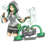  ambiguous_gender bag breasts female ferrothorn gijinka green_hair hair hoodie horn human japanese_text long_hair looking_at_viewer mammal nintendo pigtails plain_background pok&eacute;mon spikes standing text video_games yellow_eyes 草薙芳_(artist) 