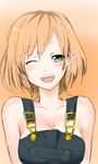  ;d breasts brown_hair cleavage green_eyes large_breasts miyamori_aoi naked_overalls nick_(anbandante) one_eye_closed open_mouth overalls shirobako short_hair smile solo upper_body 