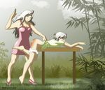  2girls artist_request ass bamboo bent_over dress eyes_closed fairy_tail high_heels lisanna_strauss long_hair mirajane_strauss multiple_girls panties panty_pull short_hair silver_hair sisters spanked spanking table underwear_februaryleaf 
