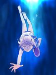  ahoge air_bubble barefoot bubble diving feet hair_ornament i-58_(kantai_collection) kantai_collection long_hair mori_(unknown.) outstretched_arm outstretched_hand pink_hair red_eyes school_swimsuit school_uniform serafuku short_hair soles solo swimsuit swimsuit_under_clothes toes torpedo underwater 