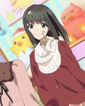  brown_hair clothes clothes_hanger coat cowboy_shot dutch_angle green_eyes head_tilt indoors long_hair long_sleeves looking_at_viewer official_art shimada_mayu smile solo standing stuffed_animal stuffed_bird stuffed_toy sweater wake_up_girls! wake_up_girls!_stage_no_tenshi winter_clothes winter_coat 