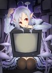  absurdres ahoge dress frilled_dress frills head_rest highres long_hair mushroom open_mouth original oruka_(kamituki0827) pointy_ears red_eyes silver_hair television thighhighs white_dress 