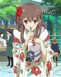  :d blurry blush brown_eyes brown_hair day depth_of_field faceless festival floral_print flower fur_trim hair_flower hair_ornament hand_on_own_chest japanese_clothes kanzashi kimono leaning_forward long_hair looking_at_viewer market new_year obi official_art ofuda omikuji ooishi_hina open_mouth outdoors plant red_flower red_rose rose sash smile solo_focus tassel tree tsumami_kanzashi wake_up_girls! wake_up_girls!_stage_no_tenshi 