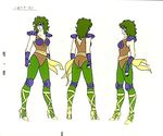  1girl 80s armor female fingernails gloves green_hair hair_ornament leggings legs leotard long_fingernails long_hair lowres official_art official_artwork oldschool ophiuchus_shaina saint_seiya sash settei shoulder_pads solo 