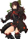  absurdres alternate_costume armor armored_dress black_gravios_(armor) black_hair gauntlets greaves hair_ribbon highres looking_at_viewer monster_hunter open_mouth oruka_(kamituki0827) red_eyes reiuji_utsuho ribbon shoulder_pads thighs touhou 