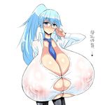  1girl between_breasts blue_eyes blue_hair blush breasts bursting_breasts female full-face_blush gigantic_breasts glasses inverted_nipples ishioto long_hair necktie ponytail see-through simple_background solo standing straining_buttons wet white_background 