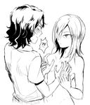  !? 1boy 1girl ?! aoyagi_hajime blush breast_grab breasts clothed_male_nude_female eye_contact genderswap grabbing hair_over_one_eye looking_at_another monochrome nude simple_background surprise surprised teshima_junta white_background yowamushi_pedal 