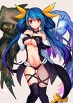  bare_shoulders black_legwear blue_hair blush bow breasts choker dizzy fujisaki_(hjsk) guilty_gear large_breasts long_hair looking_at_viewer navel necro_(guilty_gear) red_eyes ribbon skull solo tail tail_ribbon thighhighs twintails underboob undine_(guilty_gear) very_long_hair yellow_bow 