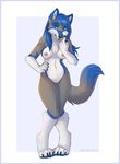  2015 anthro anyare blue_eyes blue_hair canine claws female hair looking_at_viewer mammal nude pussy solo wolf 
