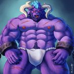 2015 abs alistar anthro bovine bulge clothing cuffs facial_piercing fundoshi horn huge_muscles league_of_legends licking licking_lips looking_at_viewer male mammal minotaur muscles nipples nose_piercing nose_ring pecs piercing red_eyes solo the_farewelled tongue tongue_out underwear video_games 