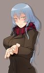  akame_ga_kill! blue_eyes blue_hair blush breasts coat esdeath grey_background highres large_breasts long_hair looking_at_viewer no_hat no_headwear noccu outstretched_hand scarf solo winter_clothes winter_coat 