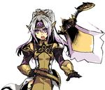  aegislash ambiguous_gender armor breasts female ghost gijinka hair human japanese_text long_hair looking_at_viewer mammal nintendo open_mouth plain_background pok&eacute;mon purple_eyes shield small_breasts spirit standing sword teeth text translation_request video_games weapon white_hair 草薙芳_(artist) 