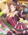 bow brown_hair confetti detached_sleeves foreshortening frills grey_eyes grin hat i-1_club iwasaki_shiho leg_up long_hair microphone official_art one_eye_closed smile solo stage stage_lights striped sweat thigh_strap thighhighs vertical_stripes wake_up_girls! wake_up_girls!_stage_no_tenshi zettai_ryouiki 