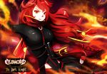  avaloki black_legwear bodysuit breasts dark_knight_(elsword) elesis_(elsword) elsword fire highres long_hair looking_at_viewer medium_breasts red_eyes red_hair scarf solo sword weapon 