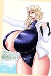  1girl areola_slip areolae blonde_hair blush breasts curvy female gigantic_breasts green_eyes highres lips milf mole open_mouth pool psp(3dass) shiny_clothes shiny_skin solo standing swimsuit thick_thighs thighs water wide_hips 