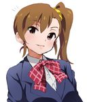  blush brown_eyes brown_hair futami_mami idolmaster idolmaster_(classic) long_hair school_uniform shift_(waage) side_ponytail simple_background smile solo white_background 