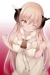  bad_id bad_pixiv_id bell bell_collar blonde_hair blush breasts collar highres horns large_breasts long_hair original ribbed_sweater sheep_horns shiroie_mika simple_background smile solo sweater 