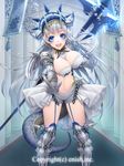  1girl armor axe blue_eyes breasts cleavage copyright_request dragon_tail female large_breasts long_hair looking_at_viewer navel open_mouth silver_hair smile solo standing ta919 tail very_long_hair weapon 