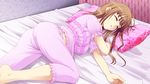  1girl ass bed breasts brown_hair eyes_closed female game_cg highres kimidzuka_misaki large_breasts legs long_hair lying magical_kanan_2:_hiiro_no_bergamot on_side open_mouth pajamas pillow sleeping solo thighs yokota_mamoru 