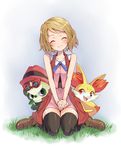  ^_^ alternate_costume black_legwear blonde_hair borrowed_garments closed_eyes coat dress fennekin gen_6_pokemon hat hat_removed headwear_removed highres hummer_(sasanqua-sh) long_hair neck_ribbon on_grass open_clothes open_coat pancham pink_dress pokemon pokemon_(anime) pokemon_(creature) ribbon serena_(pokemon) short_hair sitting sleeveless_duster smile sunglasses thighhighs wariza zettai_ryouiki 