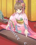  bow brown_eyes brown_hair floral_print flower hair_bow hair_flower hair_ornament hairpin heart hisami_nanami indoors instrument japanese_clothes kimono long_hair long_sleeves looking_down music obi official_art pink_kimono playing_instrument ponytail red_ribbon ribbon sash smile solo_focus string tassel wake_up_girls! wake_up_girls!_stage_no_tenshi wide_sleeves 