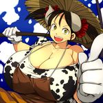  :d animal_print apron breasts brown_hair cleavage cow_horns cow_print gigantic_breasts gloves hat hataraki_ari horns looking_at_viewer open_mouth original smile solo straw_hat sukimi twintails yellow_eyes 
