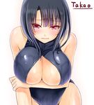  black_hair blush breast_hold breasts character_name cleavage_cutout front_zipper_swimsuit kantai_collection large_breasts leaning_forward meme_attire one-piece_swimsuit red_eyes short_hair swimsuit takao_(kantai_collection) umiharu underboob 