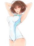  armpits arms_behind_head arms_up bad_id bad_pixiv_id breasts brown_eyes brown_hair competition_swimsuit covered_navel covered_nipples cowboy_shot goggles goggles_around_neck highres ikiteru looking_at_viewer one-piece_swimsuit open_mouth original short_hair swimsuit white_swimsuit 