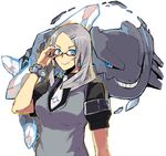  ambiguous_gender blue_eyes bracelet breasts clothing duo ear_piercing eyewear female gijinka glasses hair hairpin human jewelry looking_at_viewer mammal mega_steelix piercing plain_background reptile scalie silver_hair smile snake teeth vest 草薙芳_(artist) 