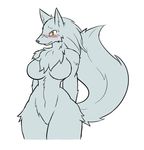  blush canine chest_tuft collar female fur grey_fur half-closed_eyes looking_at_viewer mammal nude plain_background rakkuguy scar solo sweat tuft white_background wide_hips wolf 