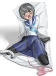  asphyxiation bdsm black_hair black_legwear bondage bound brown_eyes encasement fumi11gou original pantyhose restrained school_uniform serafuku short_hair sketch solo vacuum_bed 