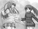  achiga_school_uniform artist_request atarashi_ako blazer blush bottomless bow bowtie cardigan greyscale holding_hands jacket long_hair long_sleeves miniskirt monochrome multiple_girls naked_track_jacket no_pants open_mouth pleated_skirt ponytail ribbon saki saki_achiga-hen school_uniform skirt smile sweater takakamo_shizuno track_jacket twintails two_side_up yuri 