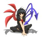  asymmetrical_wings black_hair butterfly_sitting didloaded dress feet hands houjuu_nue no_shoes red_eyes ribbon shadow simple_background sitting smile solo thighhighs touhou wings 