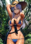  :o absurdres arm_up armpits arms_behind_head ass_visible_through_thighs bangs belt between_breasts bikini blue_bikini blush breasts breasts_apart collarbone combat_knife covered_nipples cowboy_shot day dog_tags forest groin gun handgun hat highres hip_bones hips holster jewelry kiba_mikoto knife large_breasts looking_at_viewer loose_belt lowleg lowleg_bikini micro_bikini nature navel necklace official_art open_mouth outdoors pistol red_cross ribs satou_shouji scan sheath shiny shiny_skin silver_hair skindentation slender_waist solo strap_gap straw_hat string_bikini sweat swimsuit tree triage_x weapon yellow_eyes 