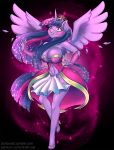  2018 armwear blush breasts cleavage clothed clothing crown draltruist dress elbow_gloves equine female friendship_is_magic gloves horn jewelry mammal my_little_pony necklace purple_theme sparkles tiara torn_clothing transformation twilight_sparkle_(mlp) winged_unicorn wings 